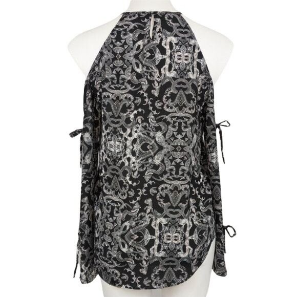 Trouve black graphic printed tied cold shoulder long sleeve blouse small MSRP 69 - Picture 11 of 12